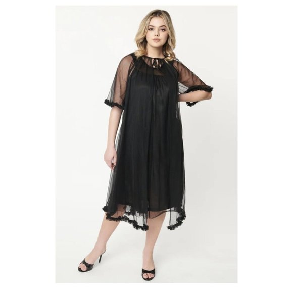 Tailor & Twirl Vintage Style Black Pillow Talk Long Nightgown Set 2 Pc Tulle S
